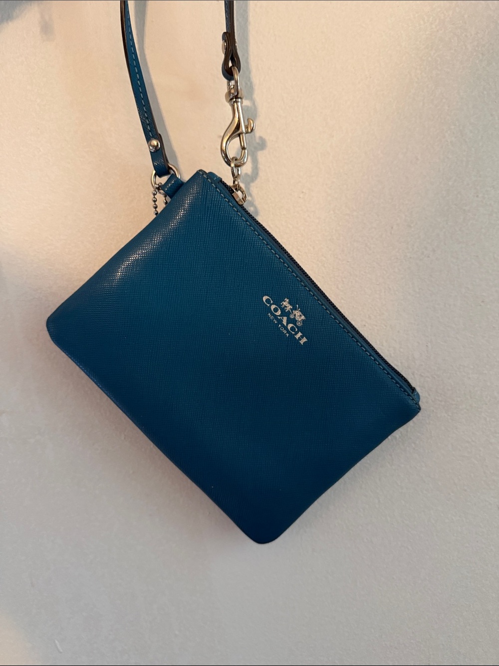 Coach Teal Leather Wristlet Clutch with Silver Hardware